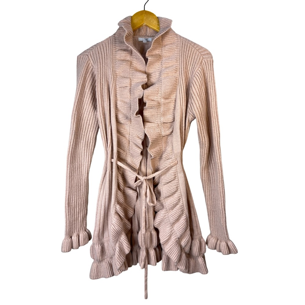 Cache Wool Angora Cardigan Pink Quiet Luxury Ruffle Ribbed Tie Waist Size XL